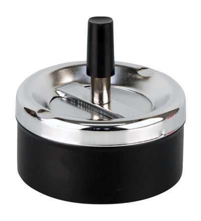Zwarte metalen draai-asbak met chromen details, diameter 9 cm