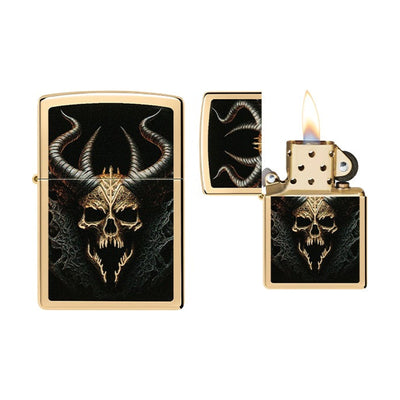 Zippo Skull High Polish Brass aansteker met schedel op hoogglans messing