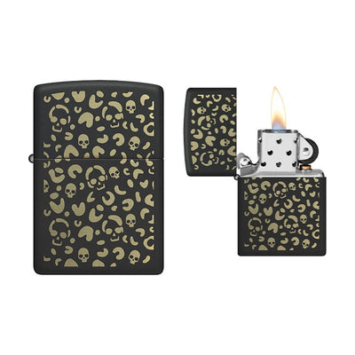 Zippo Skull Leopard aansteker met schedel en luipaardprint op zwart mat